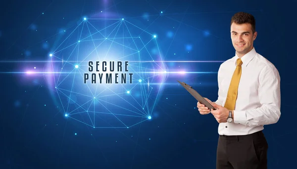 Uomo Affari Che Pensa Soluzioni Sicurezza Con Iscrizione Secure Payment — Foto Stock