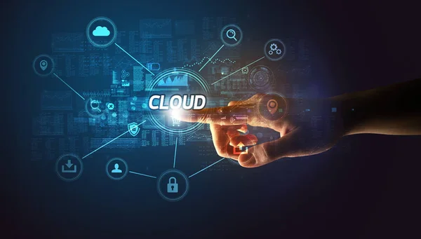 Hand Vidröra Cloud Inskription Cybersecurity Koncept — Stockfoto