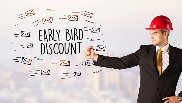 Handsome Businessman Helmet Drawing Early Bird Discount Inscription Contruction Sale — Stock Photo, Image