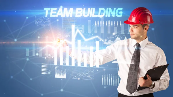 Jóképű Üzletember Sisak Rajz Team Building Felirat Építészet Üzleti Terv — Stock Fotó