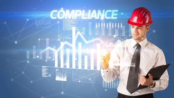 Bello Uomo Affari Con Casco Disegno Compliance Iscrizione Architettura Business — Foto Stock