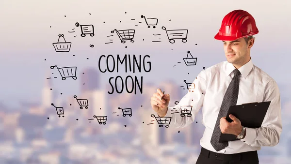 Knappe Zakenman Met Helm Tekening Coming Soon Inscriptie Constructie Verkoop — Stockfoto