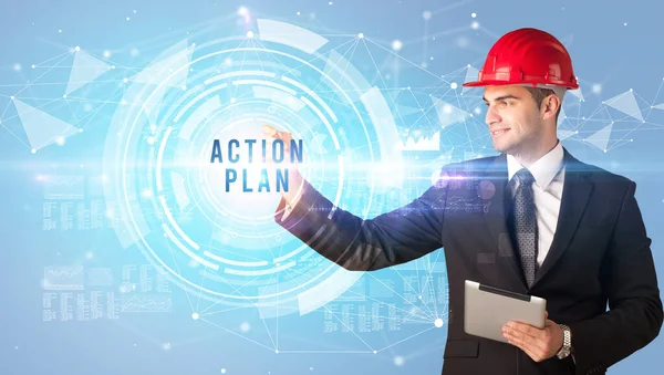 Handsome Businessman Helmet Drawing Action Plan Inscription Contruction Business Concept — Stock Photo, Image