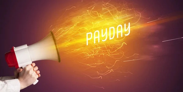 Ung Girld Skriker Megafon Med Payday Inskription Online Shopping Koncept — Stockfoto