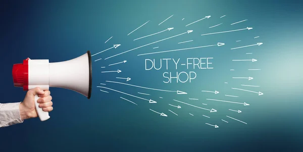 Νεαρό Κορίτσι Ουρλιάζοντας Στο Μεγάφωνο Duty Free Shop Επιγραφή Έννοια — Φωτογραφία Αρχείου