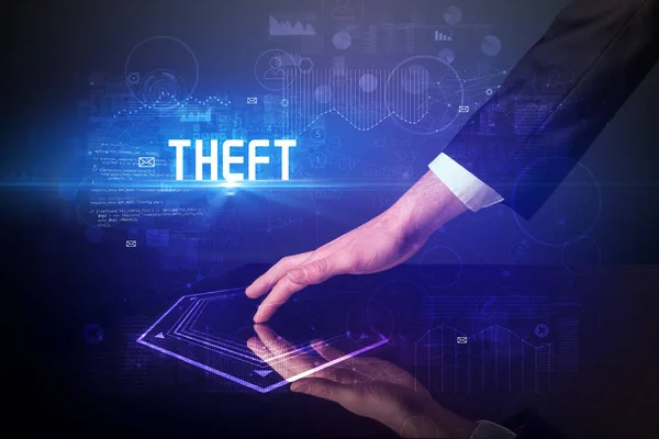 Mesa Digital Táctil Mano Con Inscripción Theft Concepto Seguridad Nueva — Foto de Stock