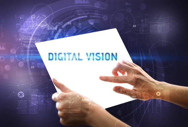 Hand Holdig Futuristic Tablet Digital Vision Inscription New Technology Concept — Stock Photo, Image