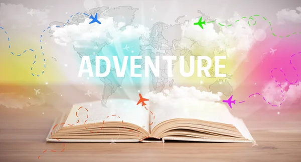 Libro Abierto Con Inscripción Adventure Concepto Vacaciones —  Fotos de Stock