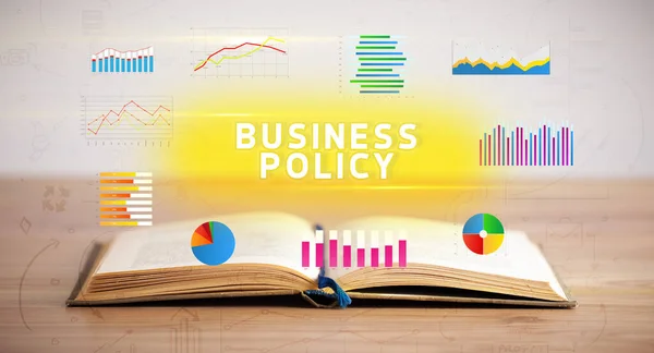 Open book with BUSINESS POLICY inscription, new business concept