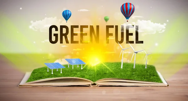 Open Book Green Fuel Inscription Renewable Energy Concept — Stock Photo, Image