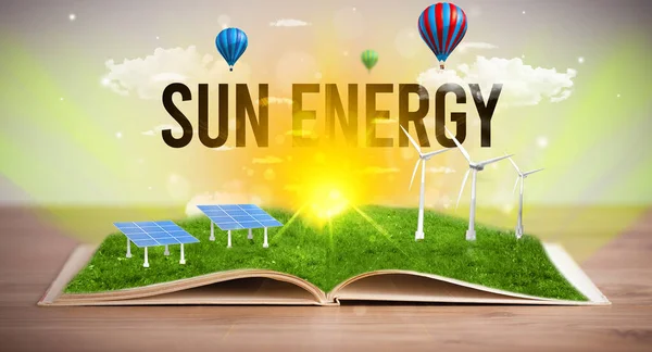 Open Boek Met Inscriptie Sun Energy Concept Hernieuwbare Energie — Stockfoto