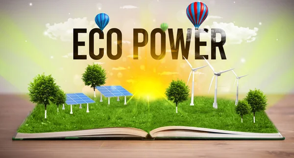 Open Boek Met Eco Power Inscriptie Concept Hernieuwbare Energie — Stockfoto