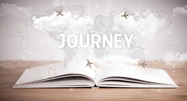 Libro Abierto Con Inscripción Journey Concepto Vacaciones — Foto de Stock