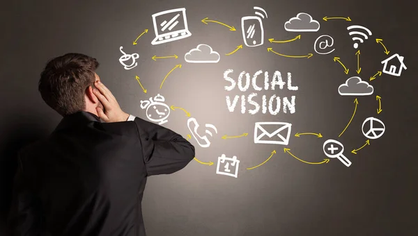 Zakenman Tekening Social Media Iconen Met Social Vision Inscriptie Nieuw — Stockfoto