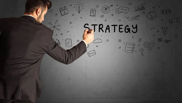 Бізнесмен Малює Скетч Творчої Ідеї Написом Strategy Концепцією Бізнес Стратегії — стокове фото