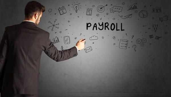 Zakenman Het Tekenen Van Een Creatief Idee Schets Met Payroll — Stockfoto