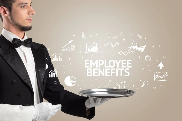 Garçom Servindo Conceito Ideia Negócio Com Inscrição Employee Benefits — Fotografia de Stock