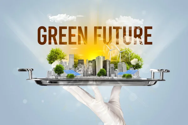 Garçom Servindo Eco Cidade Com Inscrição Futuro Verde Conceito Energia — Fotografia de Stock