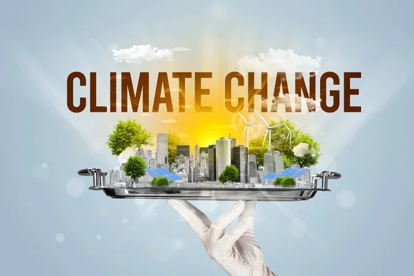 Σερβιτόρος Που Εξυπηρετεί Eco City Επιγραφή Climate Change Ανανεώνοντας Την — Φωτογραφία Αρχείου