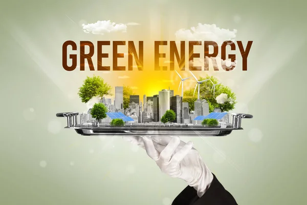 Garçom Servindo Eco Cidade Com Inscrição Energia Verde Conceito Energia — Fotografia de Stock