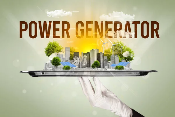 Garçom Servindo Eco Cidade Com Inscrição Power Generator Conceito Energia — Fotografia de Stock