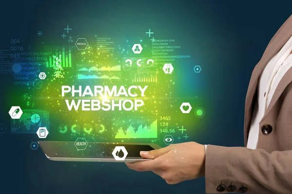 Pharmacy Web Dükkanı Yazıtı Tıbbi Konsept Ile Dokunmatik Ekranın Yakın — Stok fotoğraf