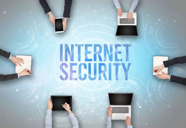 Grupp Människor Framför Bärbar Dator Med Internet Security Insciption Webbsäkerhet — Stockfoto