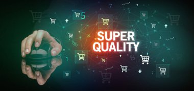 El ele tutuşan kablosuz çevre. Üstün nitelikli yazı, online alışveriş konsepti.