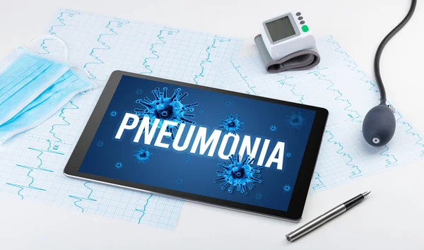 Tablet Doctor Tools White Surface Pneumonia Inscription Pandemic Concept — Stock Photo, Image