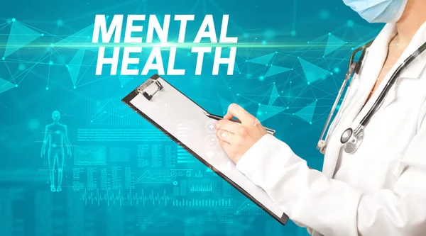 Doctor Escribe Notas Portapapeles Con Inscripción Mental Health Concepto Diagnóstico — Foto de Stock