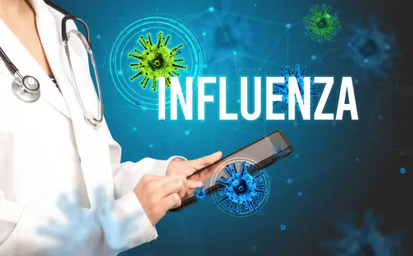 Medico Prescrive Una Prescrizione Con Iscrizione Influenza Concetto Pandemico — Foto Stock