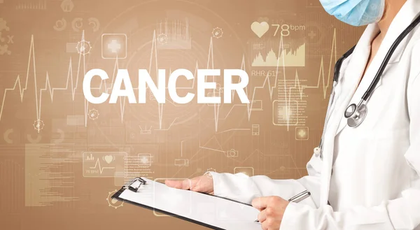 Young Doctor Writing Notes Cancer Inscription Healthcare Concept — Stock Photo, Image