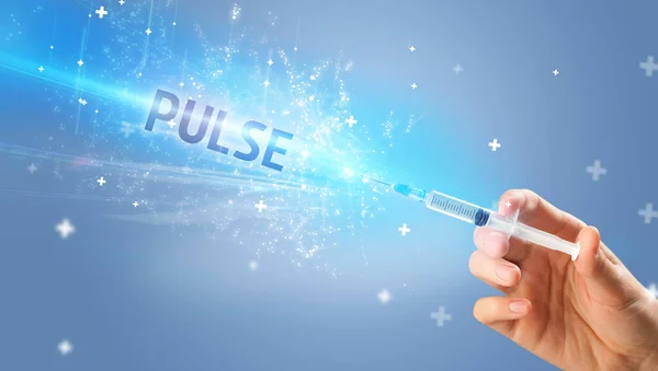 Spuit Medische Injectie Hand Met Pulse Inscriptie Medisch Tegengif Concept — Stockfoto