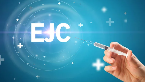Syringe needle with virus vaccine and EJC abbreviation, antidote concept