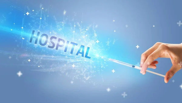 Spuit Medische Injectie Hand Met Hospitale Inscriptie Medisch Tegengif Concept — Stockfoto