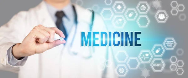 Primer Plano Médico Que Una Píldora Con Inscripción Medicina Concepto — Foto de Stock