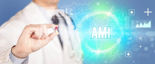 Amiの略称で薬を与える医者のクローズアップ ウイルス学的概念 — ストック写真