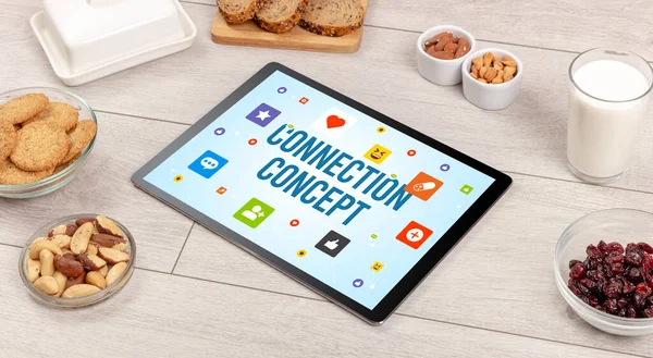 Composición Sana Tableta Con Inscripción Concepto Conexión Concepto Red Social — Foto de Stock