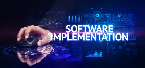 Obsługa Bezprzewodowych Urządzeń Peryferyjnych Napisem Software Implementation Koncepcja Nowoczesnej Technologii — Zdjęcie stockowe