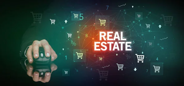 Obsługa Bezprzewodowych Urządzeń Peryferyjnych Napisem Real Estate Koncepcja Zakupów Online — Zdjęcie stockowe