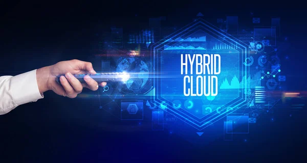 Mano Con Periférico Inalámbrico Con Inscripción Hybrid Cloud Concepto Seguridad —  Fotos de Stock