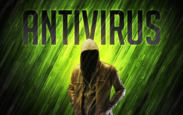 Mysterieuze Man Met Antivirus Inscriptie Online Beveiligingsconcept — Stockfoto