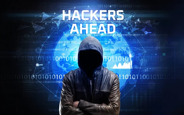 Faceless Hacker Work Hackers Ahead Inscription Computer Security Concept — Stock Photo, Image