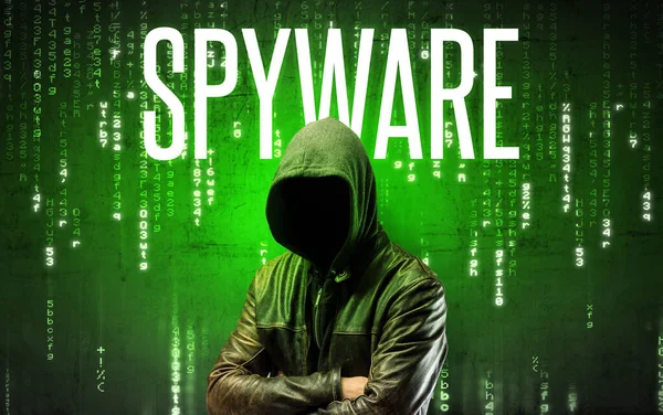 Hacker Sin Rostro Con Inscripción Spyware Concepto Hacking — Foto de Stock