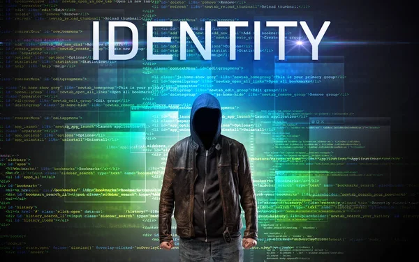 Hacker Sin Rostro Con Inscripción Identidad Fondo Código Binario — Foto de Stock