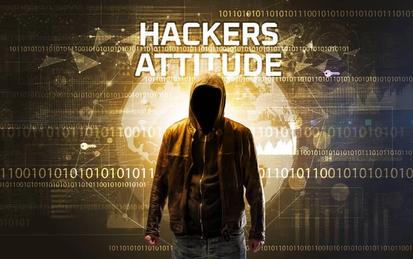 Hacker Sans Visage Travail Avec Inscription Hackers Attitude Concept Sécurité — Photo