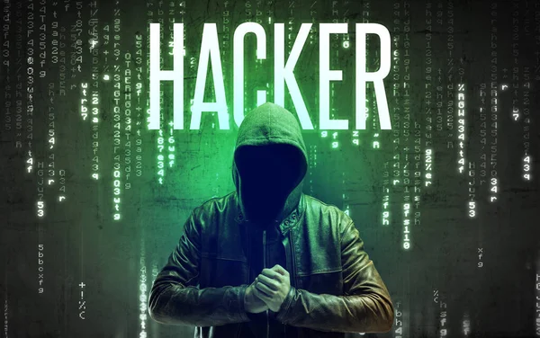 Gezichtloze Hacker Met Hacker Inscriptie Hacken Concept — Stockfoto
