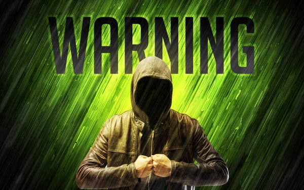 Mysterious Man Warning Inscription Online Security Concept — Stock Photo, Image