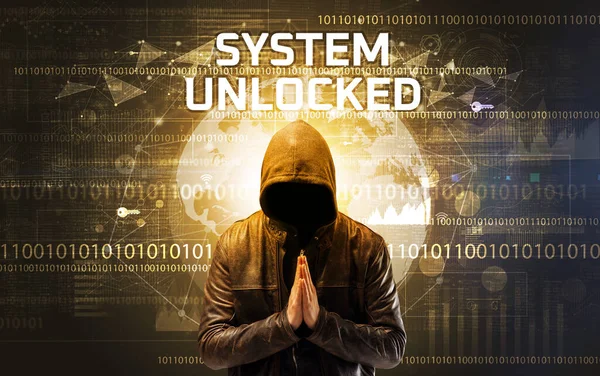 Hacker Sans Visage Travail Avec Inscription System Unlocked Concept Sécurité — Photo