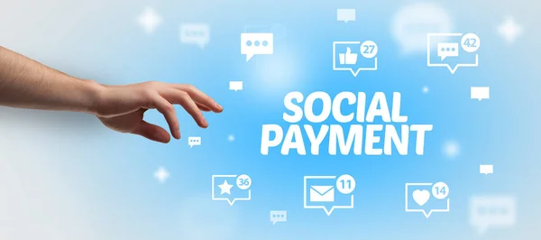 Крупним Планом Обрізана Рука Вказує Напис Social Payment Концепція Соціальних — стокове фото